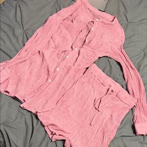 Pink Crinkled Button-Up Top & Drawstring Shorts Set